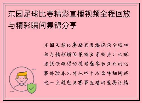 东园足球比赛精彩直播视频全程回放与精彩瞬间集锦分享